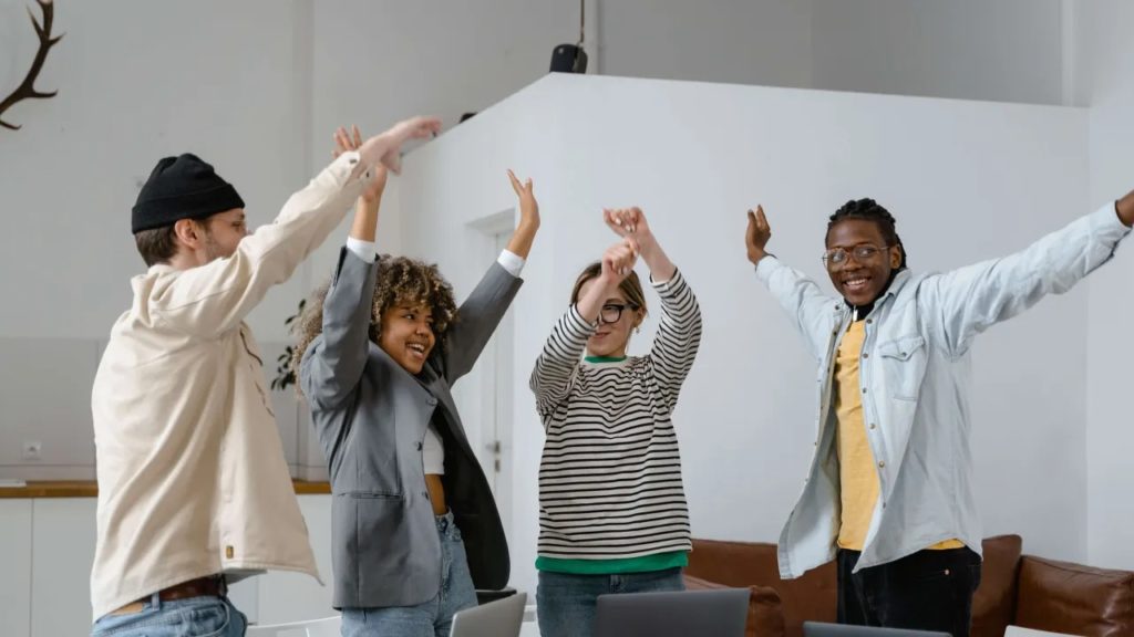 Coworkers in an open office space